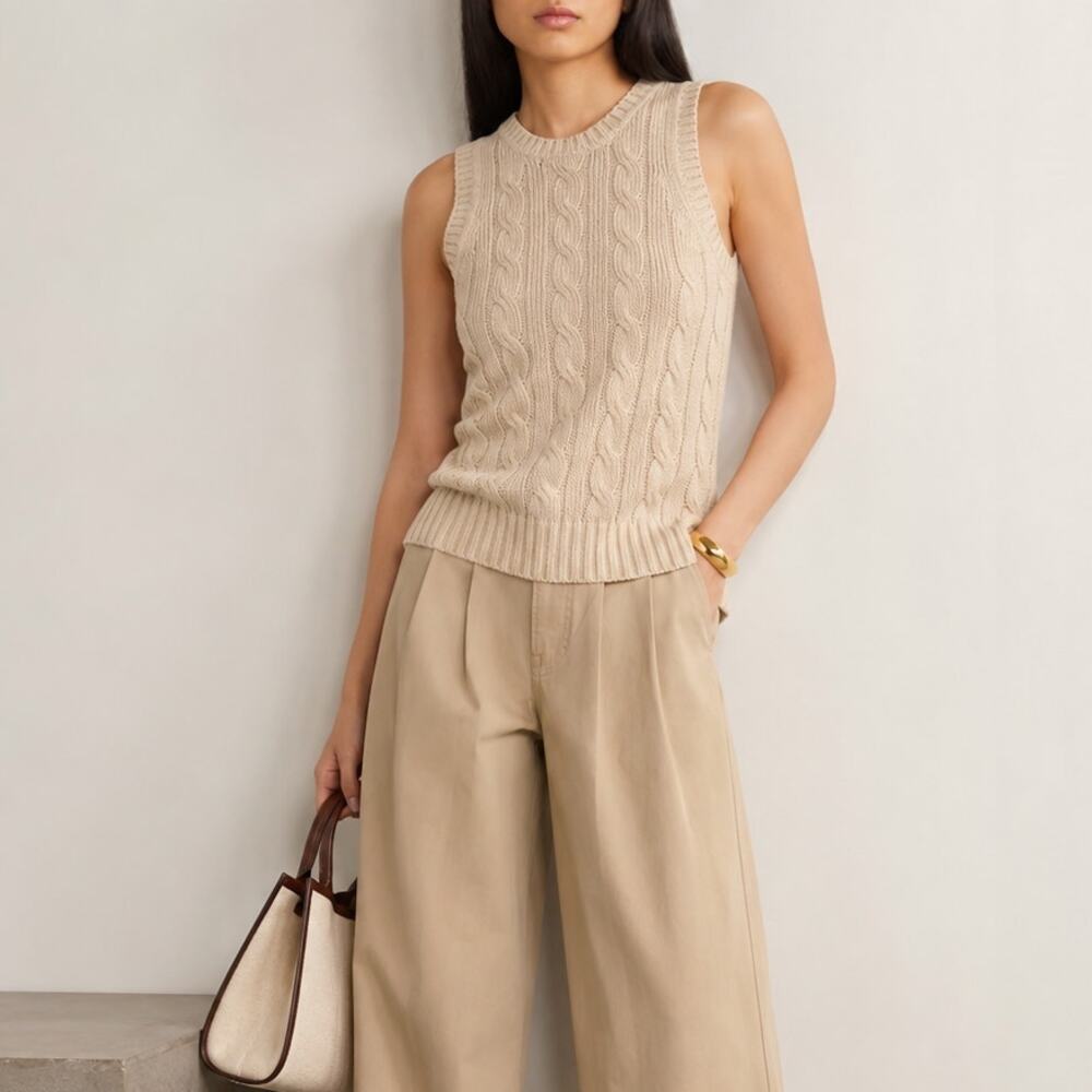 Veronica Beard Jerrel Beige Linen/Silk Cable Knit Vest Tank Top, size M